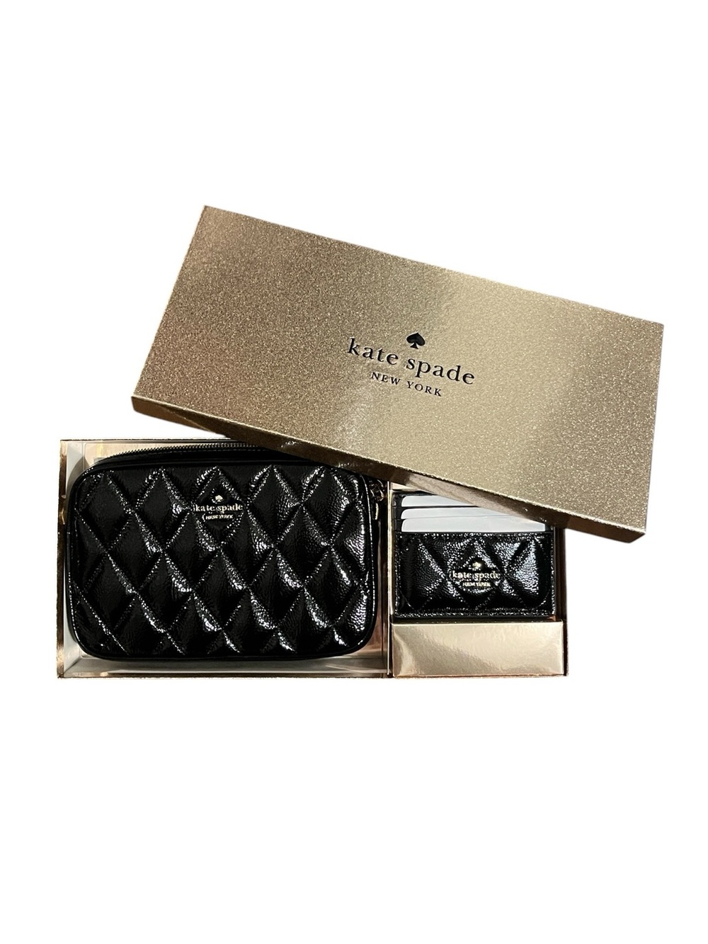 Kate Spade Black Quilted Crinkle Patent Leather Crossbody and Card Holder Set